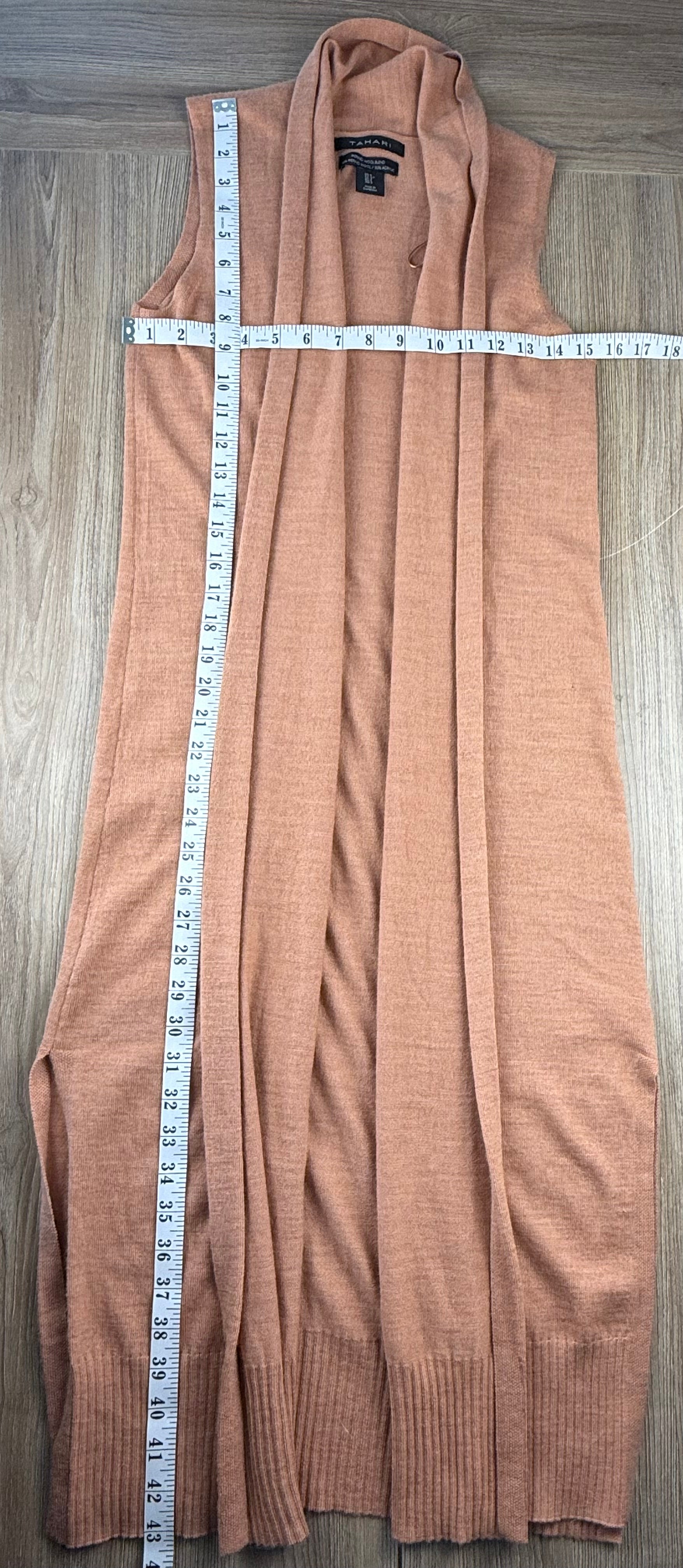 Tahari Merino Wool Blend Longline Duster | Cardigan at Blue Sparrow Shop measuring 30" bust and 43" shoulder to hem