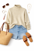 Talbots 100% Cotton Chunky Knit Sweater | Size M at Blue Sparrow shop on flatlay with sandals, purse, sunglasses