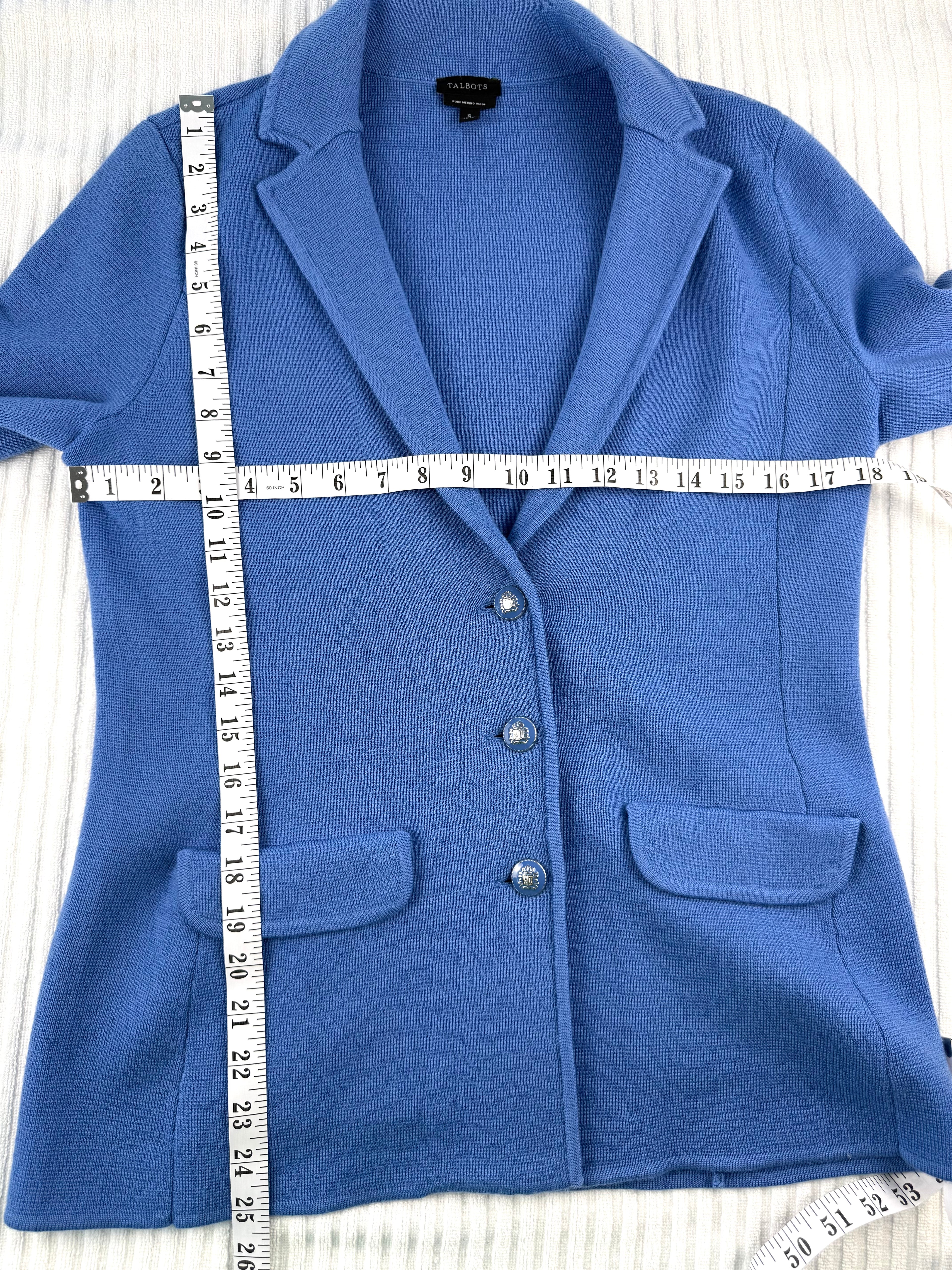 Talbots 100% Pure Merino Wool Sweater Blazer | Size S at Blue Sparrow Shop  measuring 36" bust and 25" shoulder to hem 