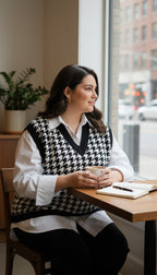 Talbots Houndstooth Sweater Vest size L at Blue Sparrow hop on a woman at a cafe looking out the window