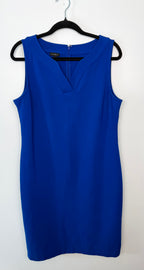 Talbots royal blue sleeveless sheath dress, size 12, with V-notch neckline and tailored silhouette.