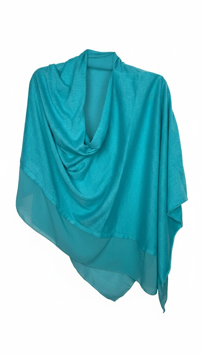 Teal Aqua Cowl Neck Poncho Wrap — Knit and Chiffon Contrast, One Size at Blue Sparrow Shop 