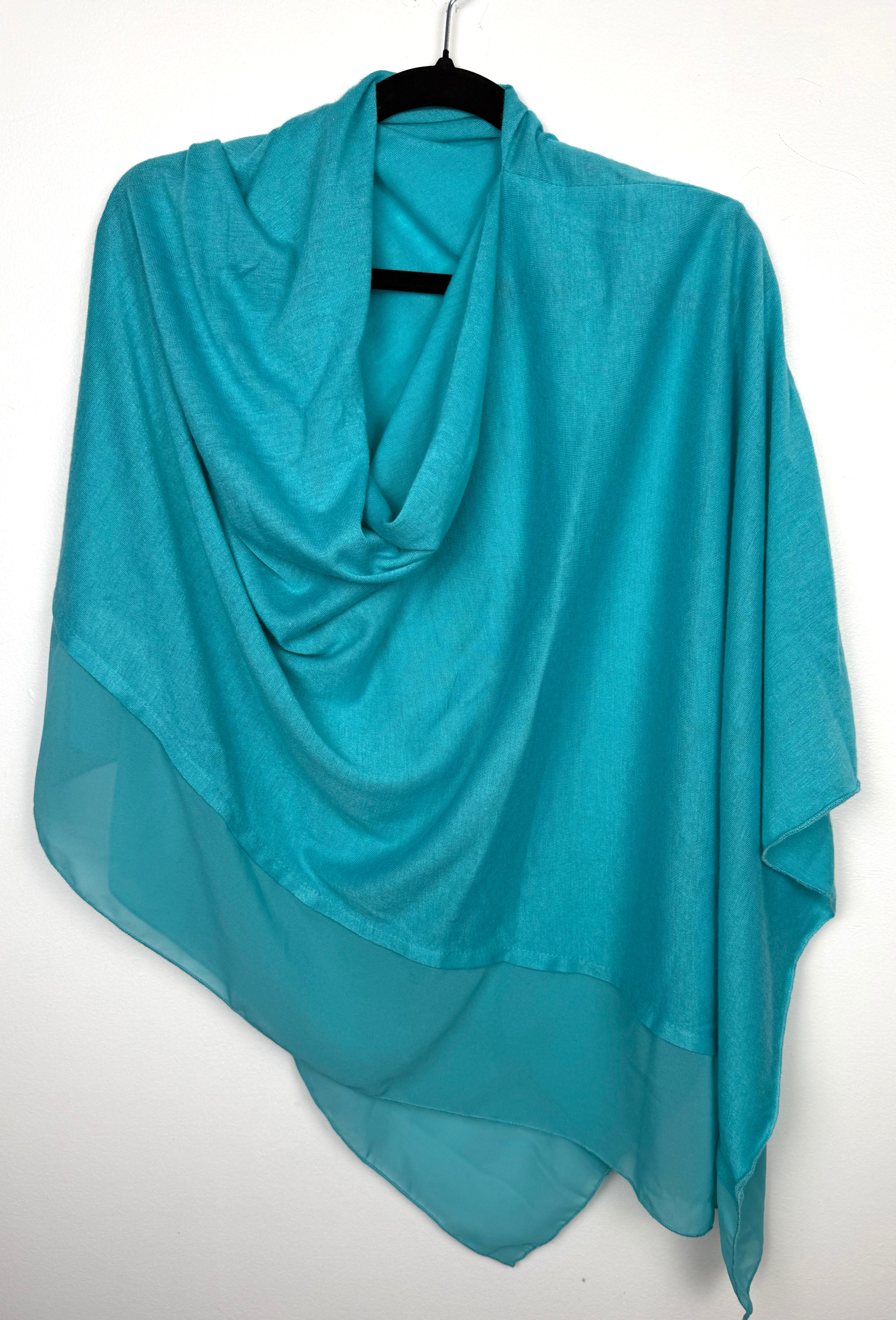 Teal Aqua Cowl Neck Poncho Wrap — Knit and Chiffon Contrast, One Size at Blue Sparrow Shop  on hanger