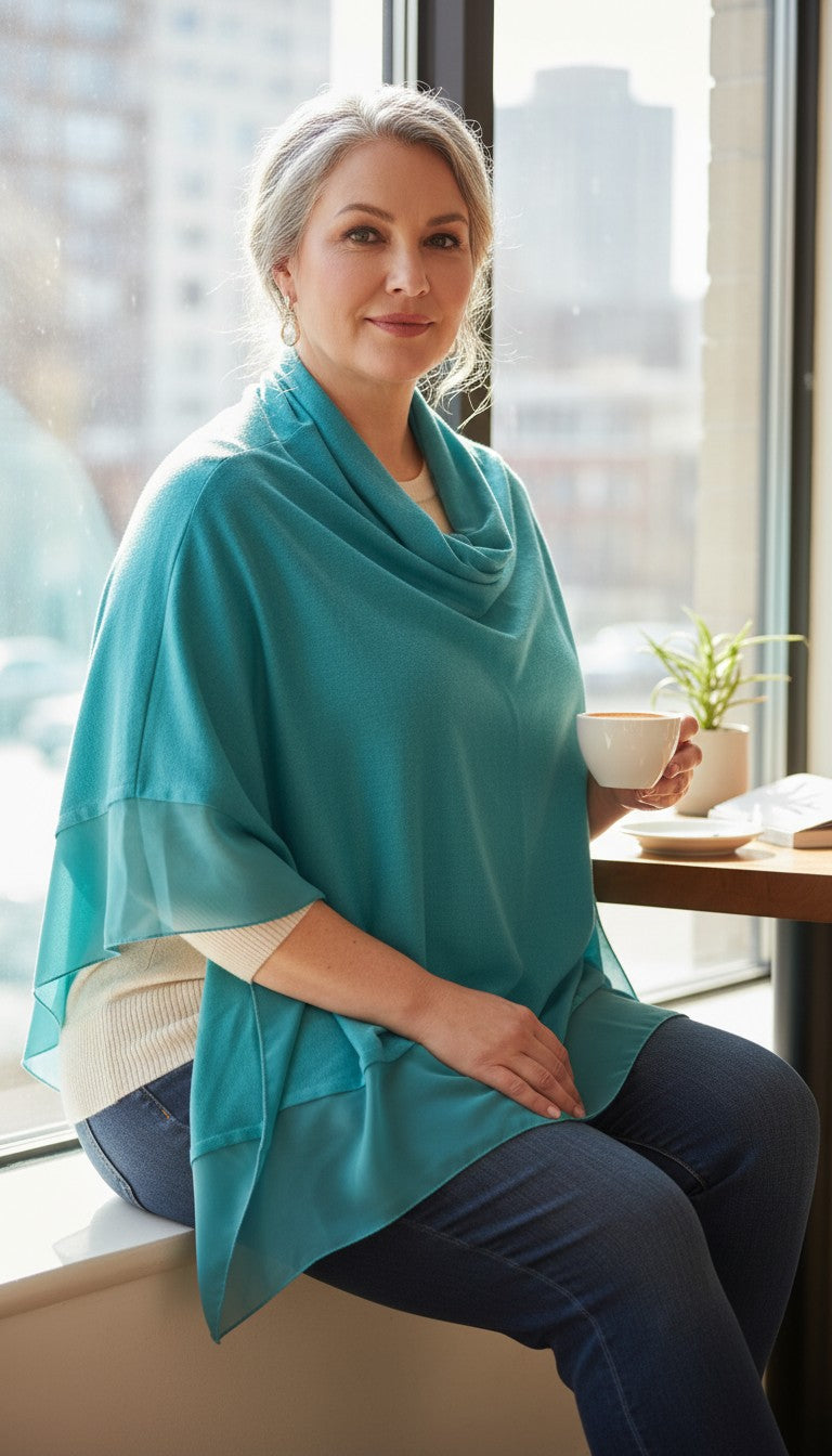 Teal Aqua Cowl Neck Poncho Wrap — Knit and Chiffon Contrast, One Size at Blue Sparrow Shop  on woman sitting drinking coffee 