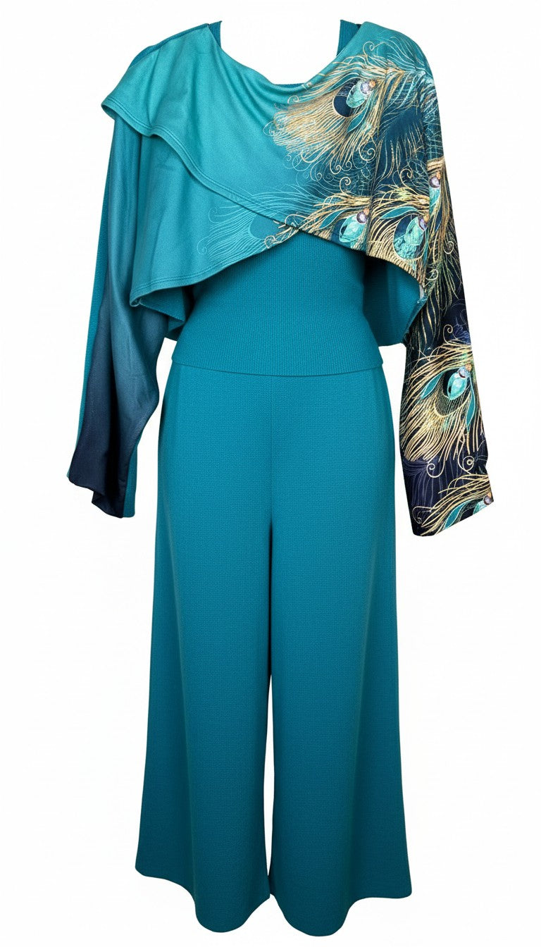 Teal Peacock Print 2-Piece Knit Set — Wide-Leg Pants + Draped Top, Size XL at Blue Sparrow Shop