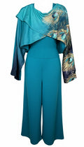Teal Peacock Print 2-Piece Knit Set — Wide-Leg Pants + Draped Top, Size XL at Blue Sparrow Shop