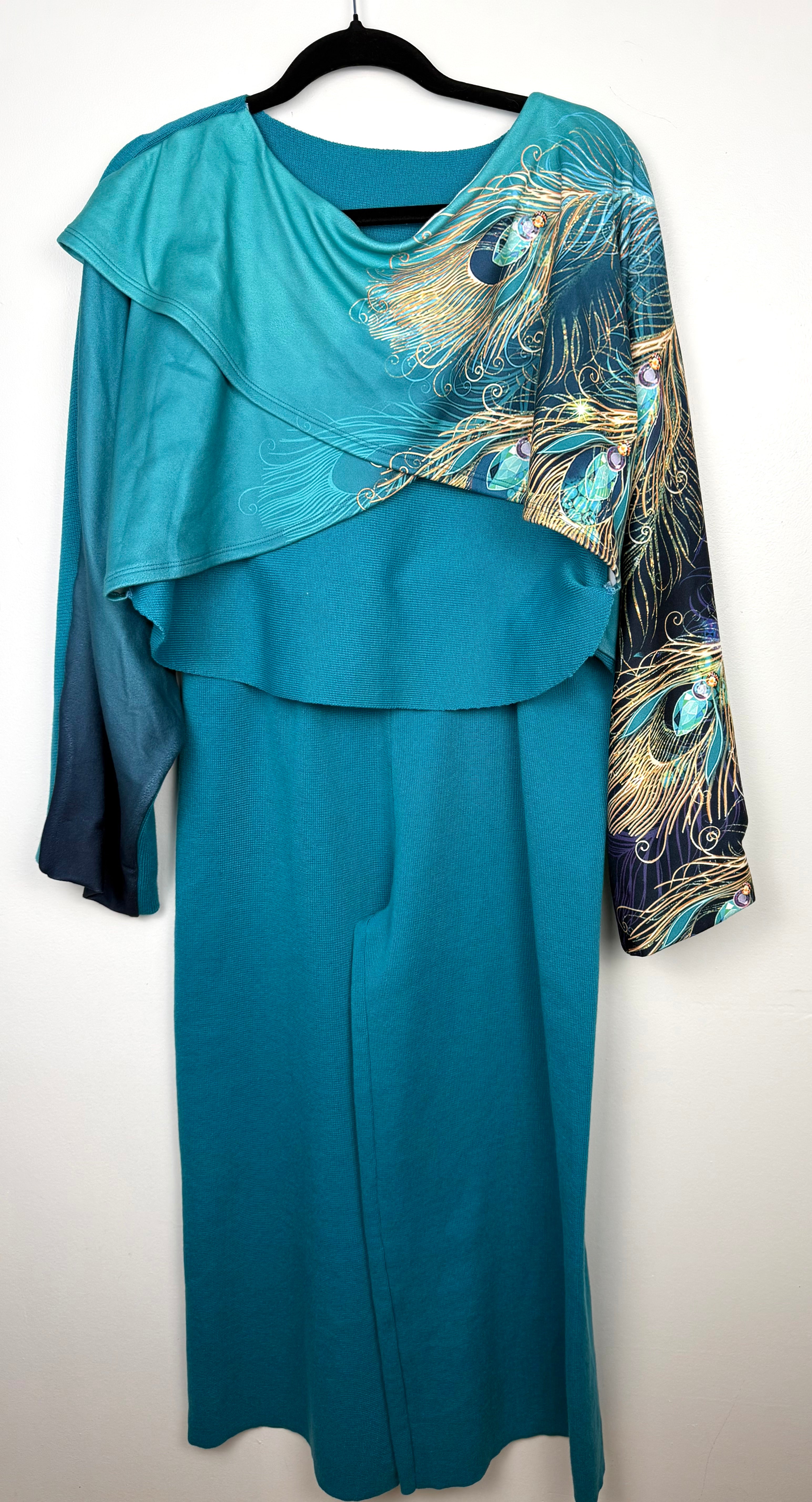 Teal Peacock Print 2-Piece Knit Set — Wide-Leg Pants + Draped Top, Size XL at Blue Sparrow Shop on hanger