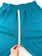 Teal Peacock Print 2-Piece Knit Set — Wide-Leg Pants + Draped Top, Size XL at Blue Sparrow Shop top measuring 13" rise 