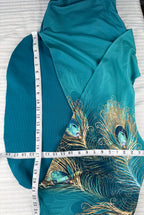 Teal Peacock Print 2-Piece Knit Set — Wide-Leg Pants + Draped Top, Size XL at Blue Sparrow Shop top measuring 18" shoulder to hem and approx 42" bust 