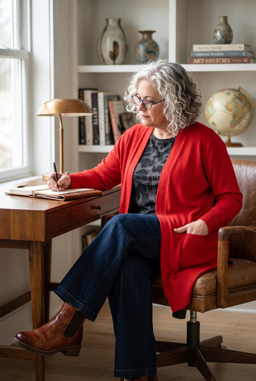 Terra & Sky Relaxed Fit Recycled Cardigan | Size 1X on woman writing at desk
