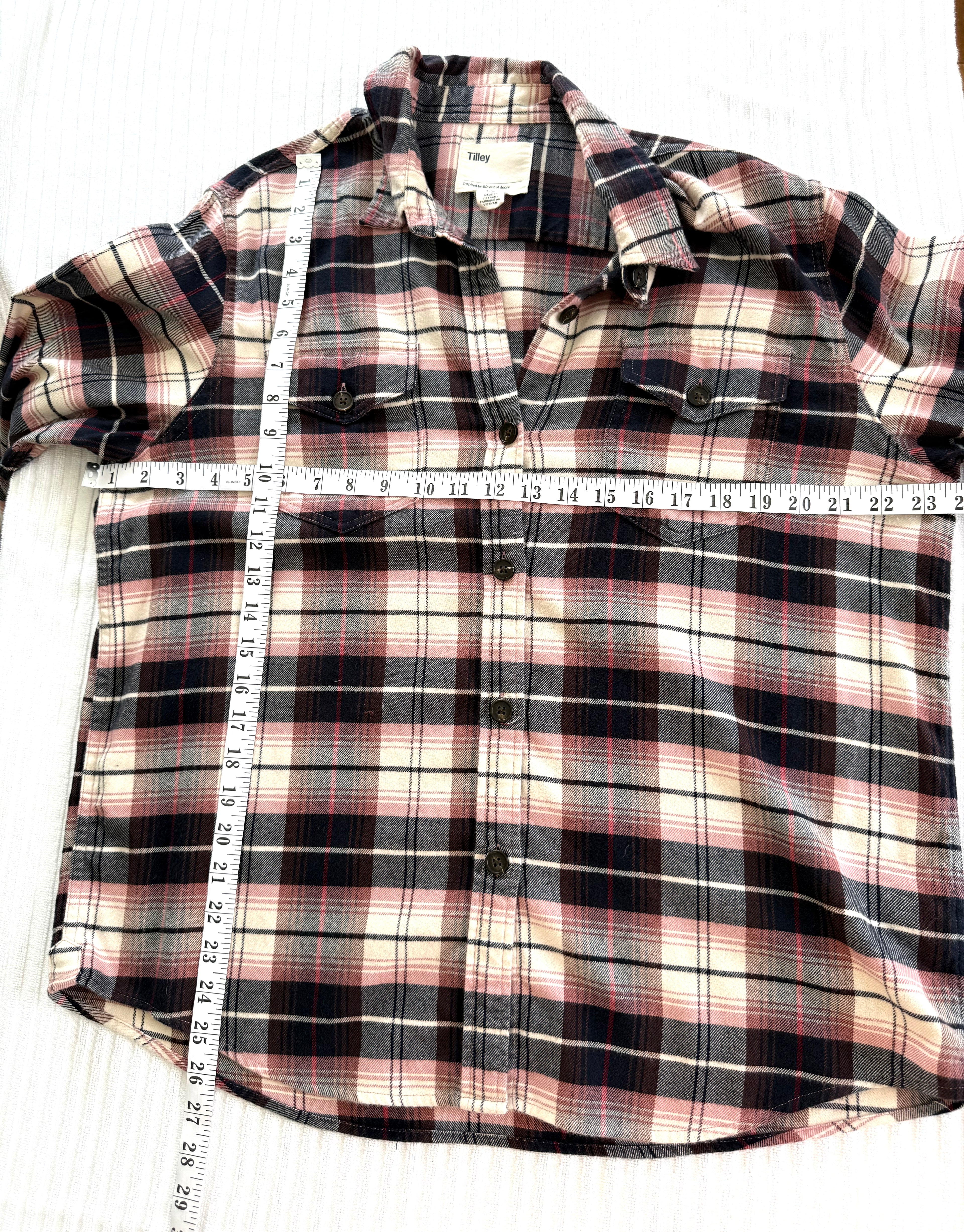 Tilley Organic Cotton Plaid Shirt measuring 48" bust and 26" length