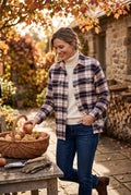 Tilley Organic Cotton Plaid Shirt on woman picking apples outside 