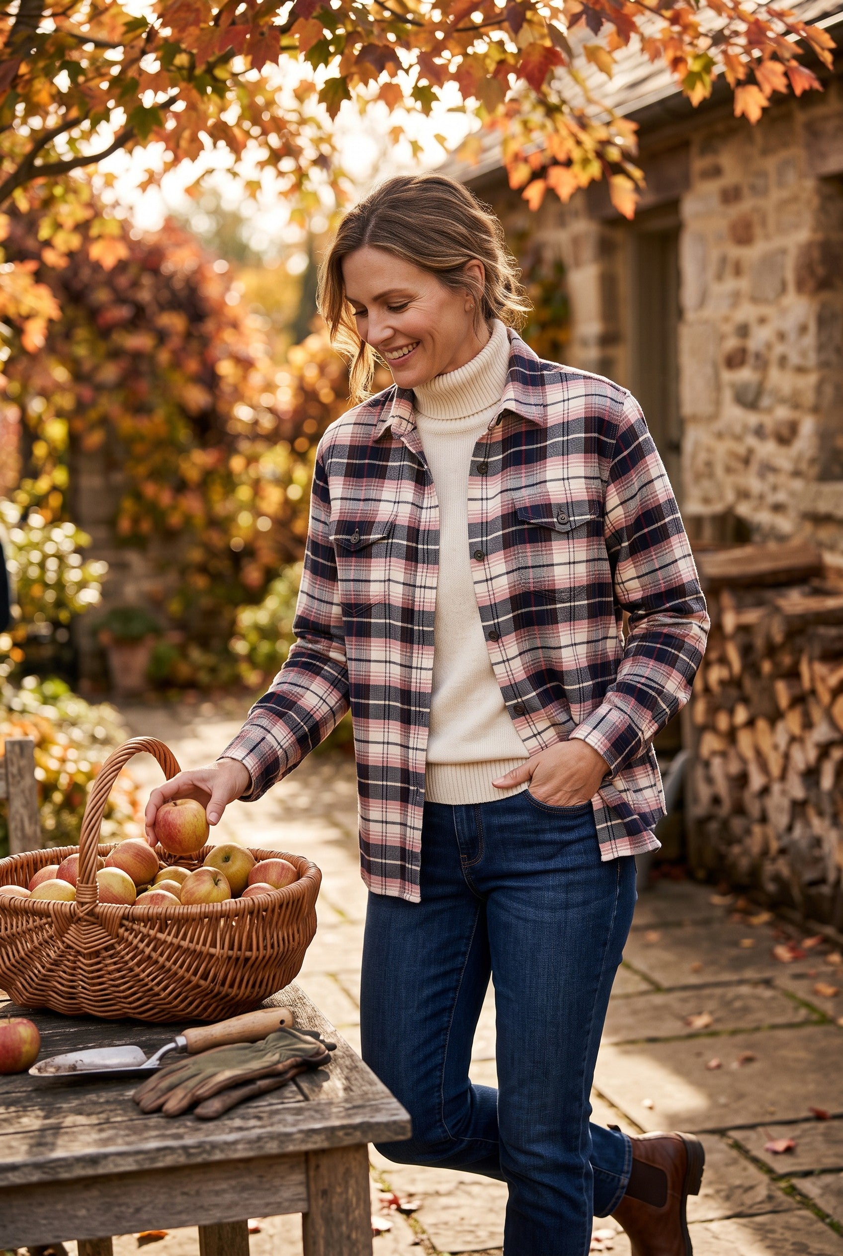Tilley Organic Cotton Plaid Shirt on woman picking apples outside 