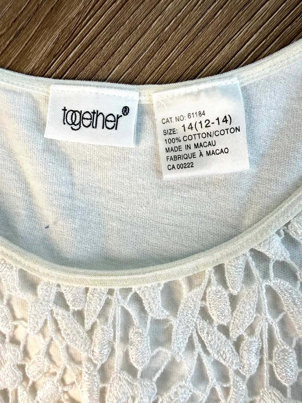 Together brand 100% cotton basic layering piece white tank with lace top made in Macau care tag 