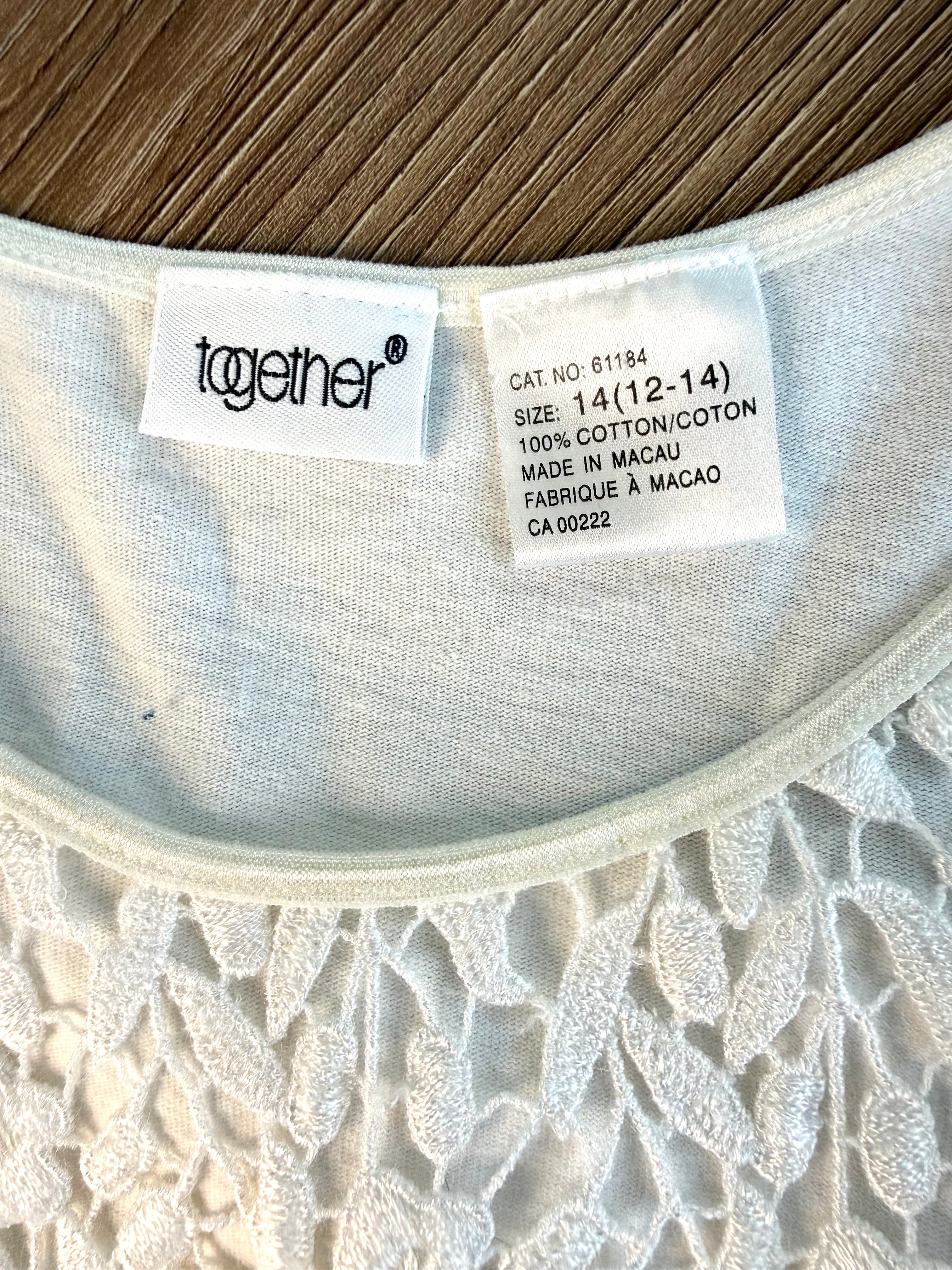 Together brand 100% cotton basic layering piece white tank with lace top made in Macau care tag 