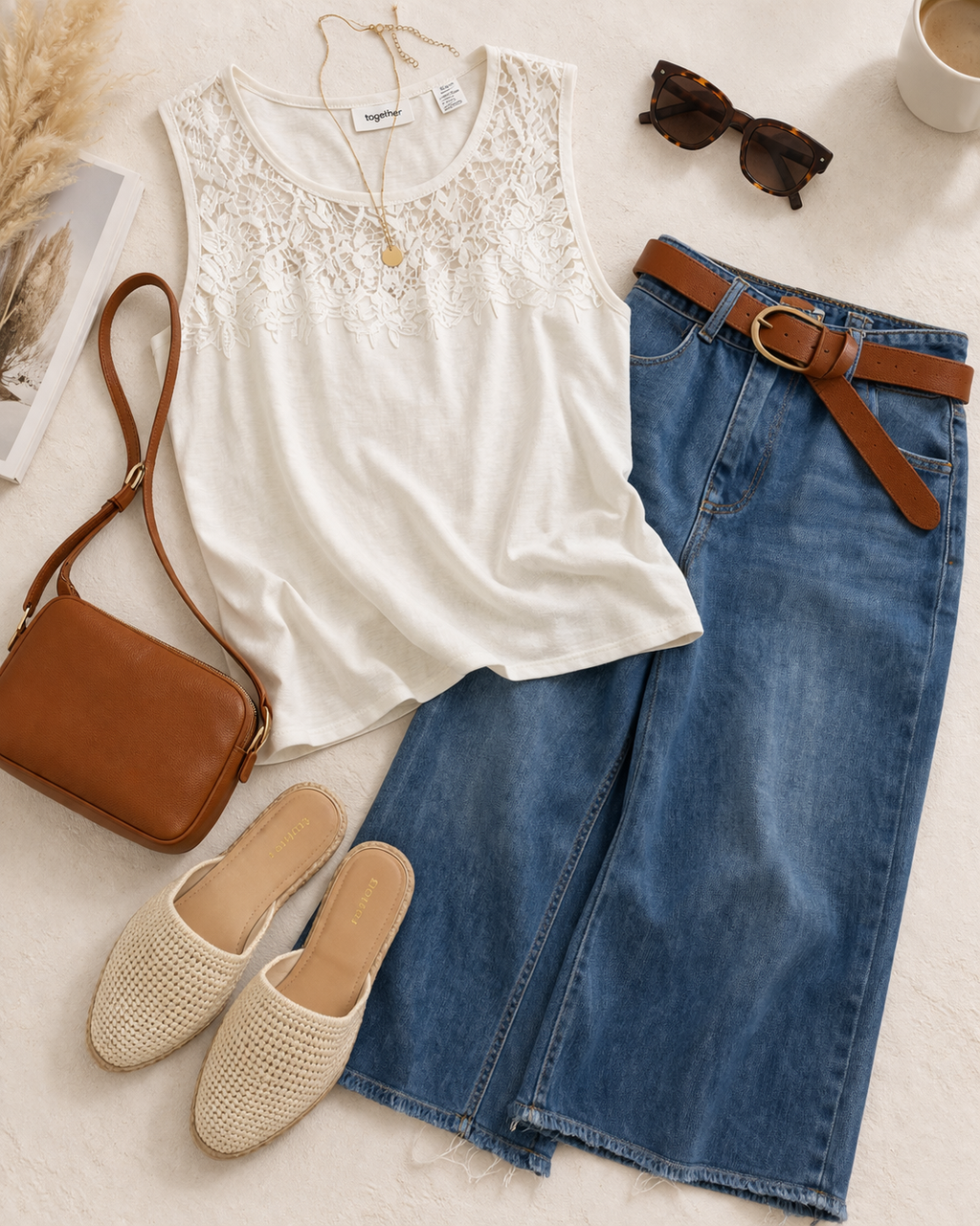 Together brand White Lace Yoke Tank Top | Size L at Blue Sparrow Shop on woman walking outside lifestyle flatlay with jeans, shoes, purse