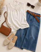 Together brand White Lace Yoke Tank Top | Size L at Blue Sparrow Shop on woman walking outside lifestyle flatlay with jeans, shoes, purse