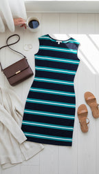 Tommy Hilfiger Cap Sleeve Shift Dress | Size M at Blue Sparrow lifestyle photo with cardigan, sandals, purse
