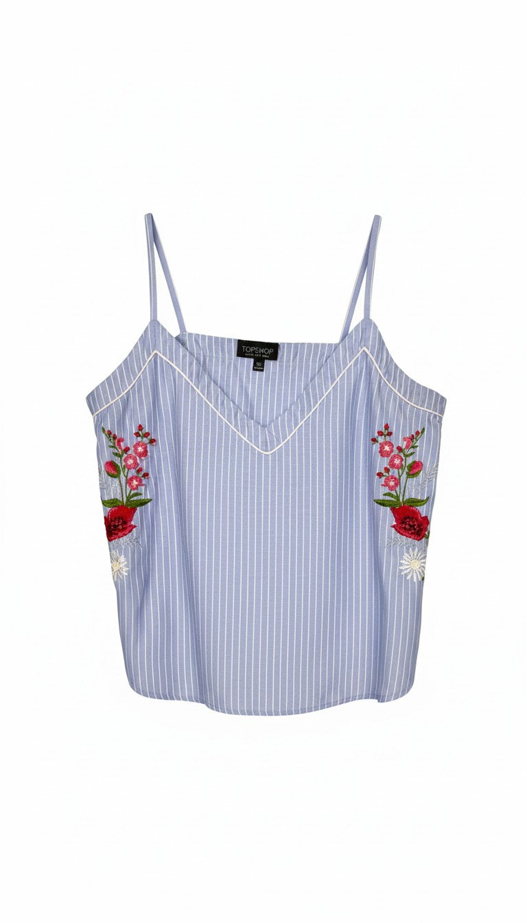 Topshop Blue Pinstripe Embroidered Cami Top | Size M at Blue Sparrow Shop