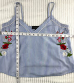 Topshop Blue Pinstripe Embroidered Cami Top | Size M at Blue Sparrow Shop measuring 36" bust and 20" shoulder to hem