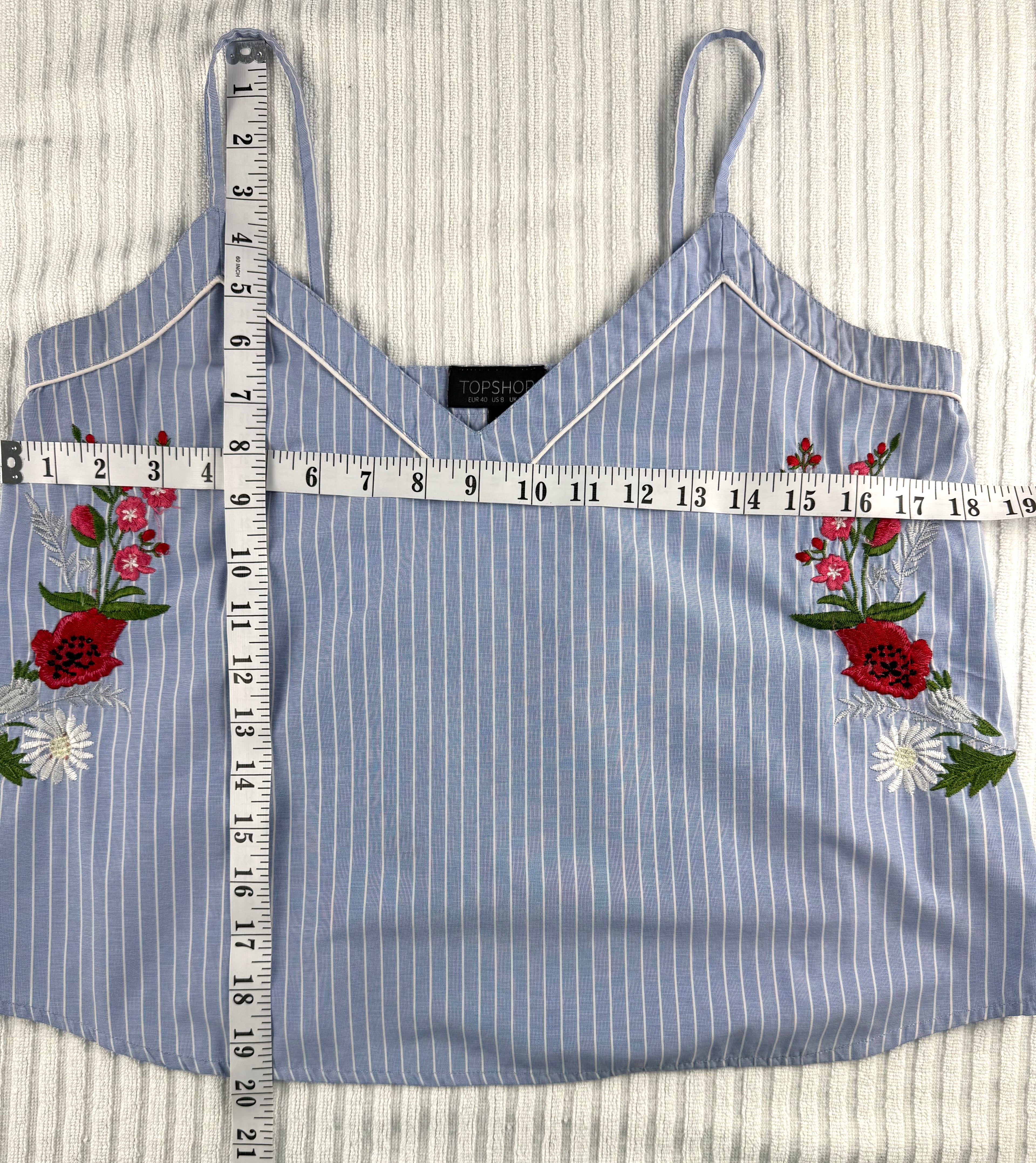 Topshop Blue Pinstripe Embroidered Cami Top | Size M at Blue Sparrow Shop measuring 36" bust and 20" shoulder to hem