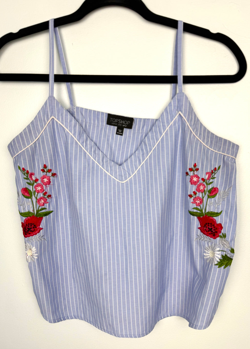  Topshop Blue Pinstripe Embroidered Cami Top | Size M at Blue Sparrow Shop  on hanger
