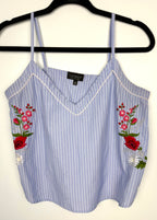  Topshop Blue Pinstripe Embroidered Cami Top | Size M at Blue Sparrow Shop  on hanger