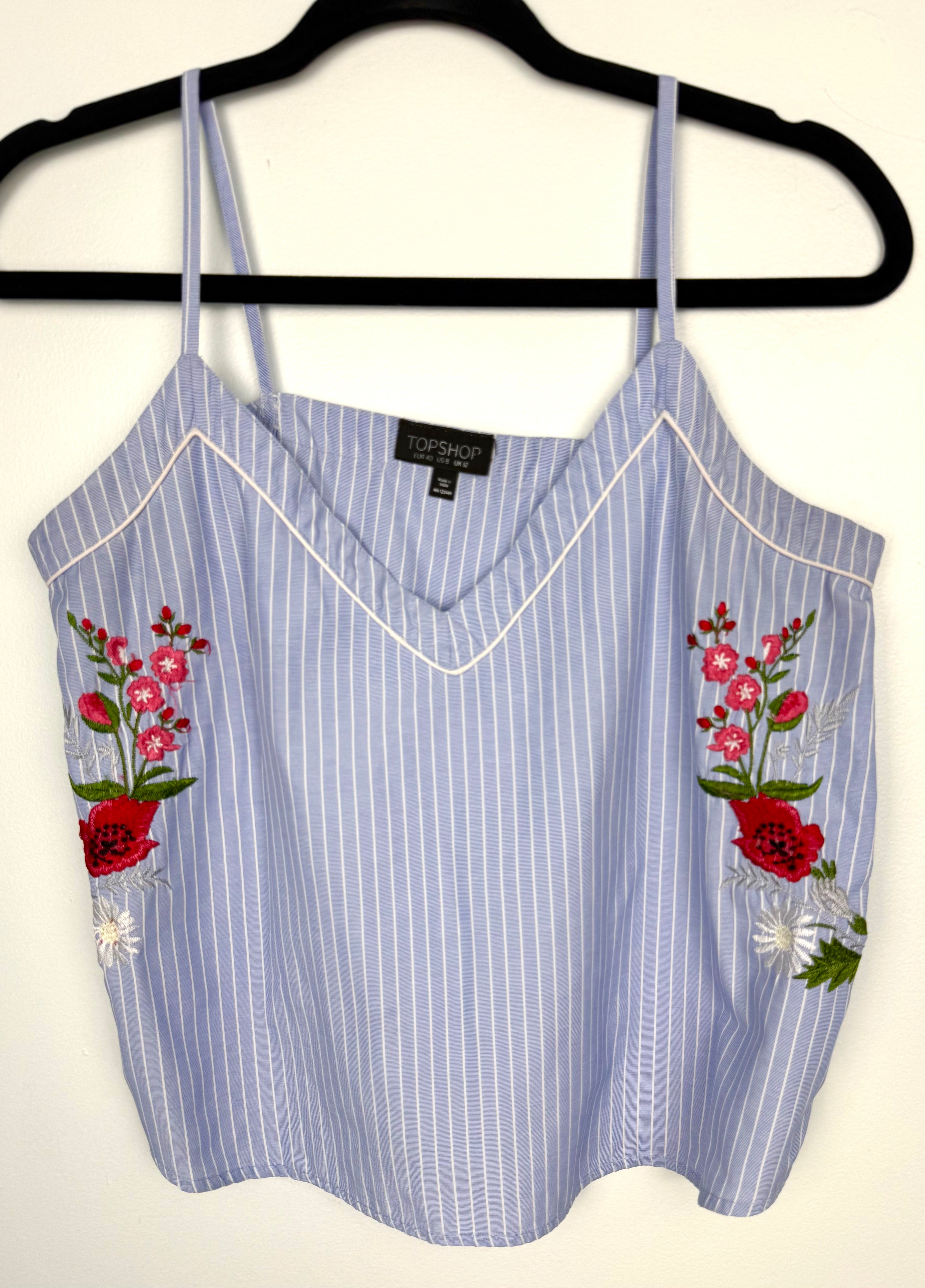  Topshop Blue Pinstripe Embroidered Cami Top | Size M at Blue Sparrow Shop  on hanger