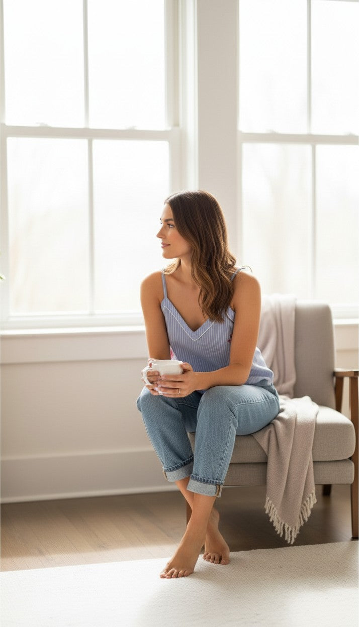 Topshop Blue Pinstripe Embroidered Cami Top | Size M at Blue Sparrow Shop on woman having coffee in her living room