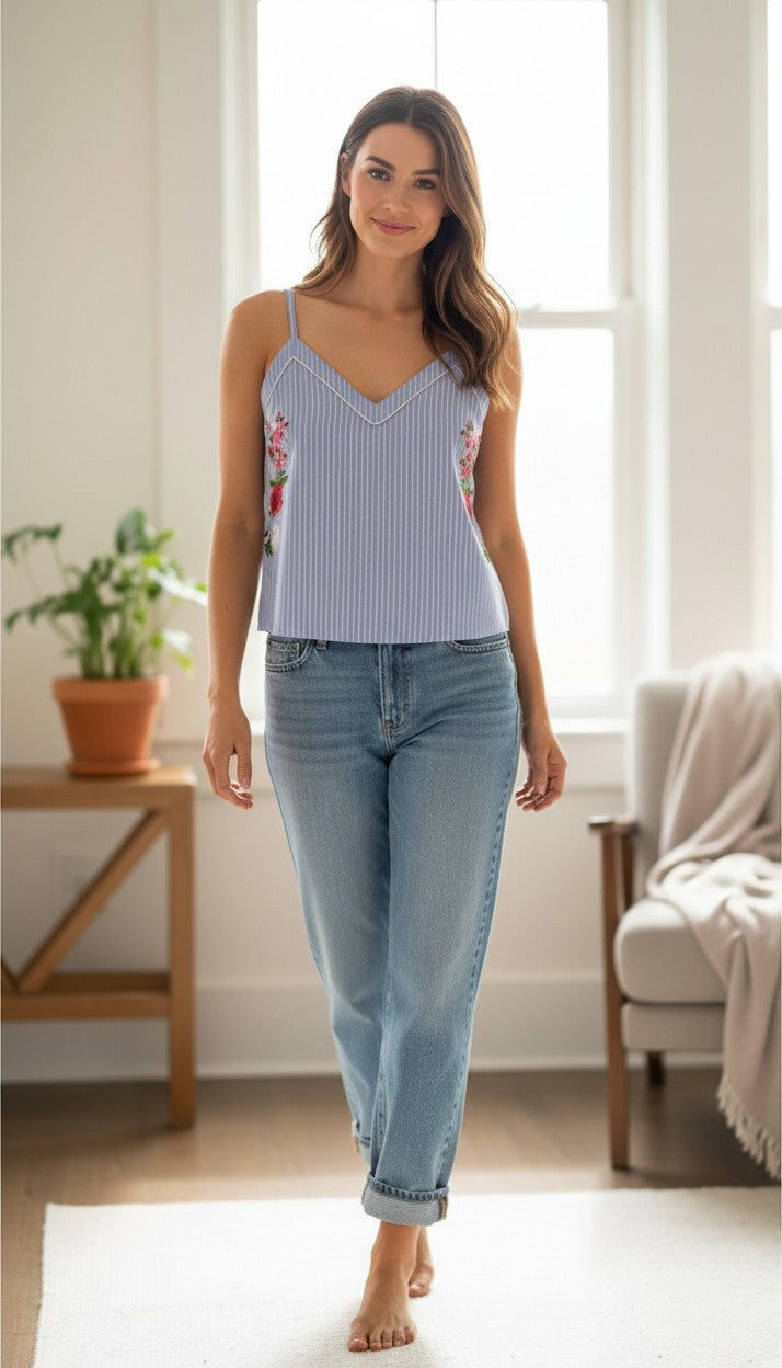 Topshop Blue Pinstripe Embroidered Cami Top | Size M at Blue Sparrow Shop on woman wearing jeans in her living room