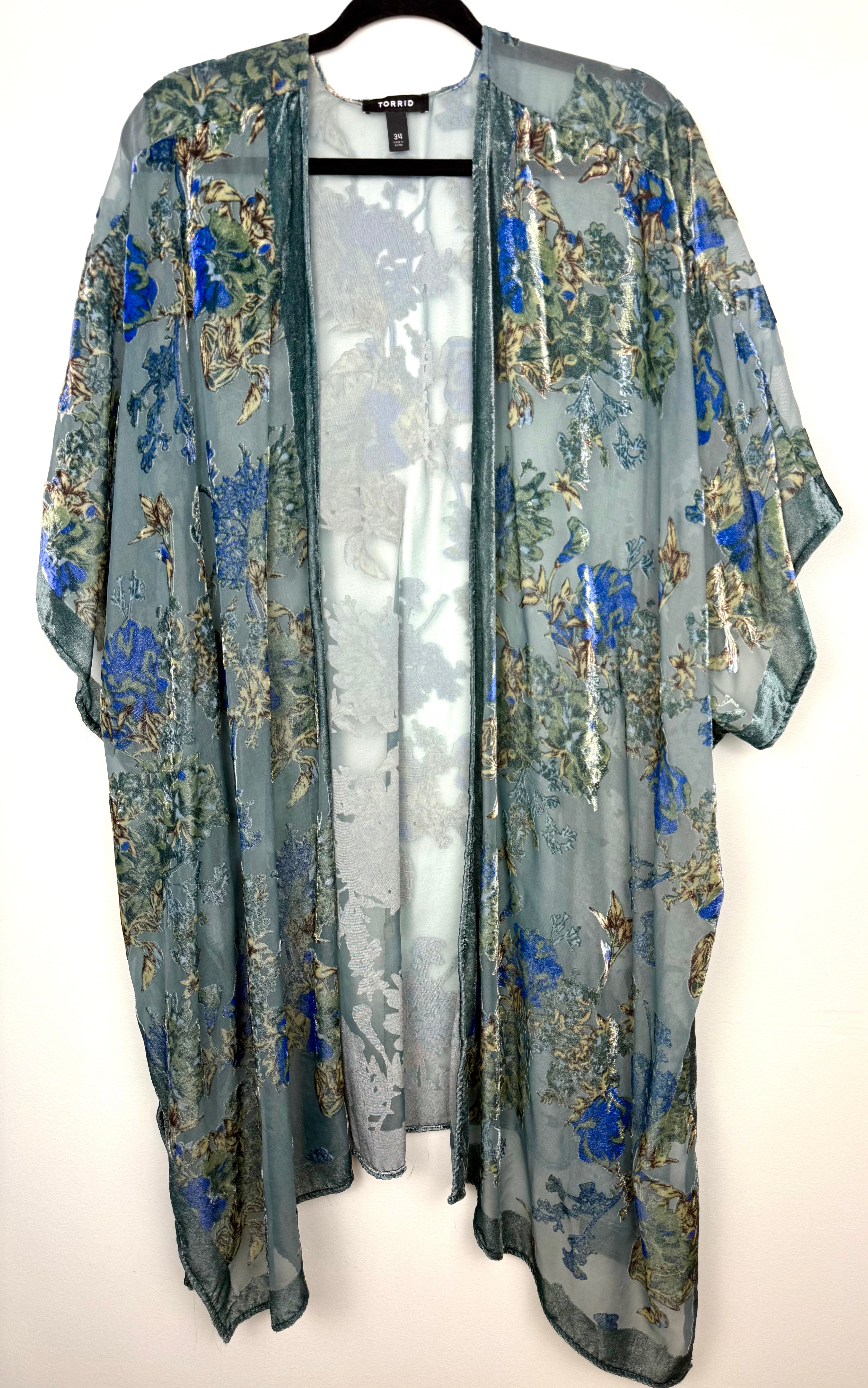 Torrid Sheer Floral Burnout Kimono Duster | Plus Size at Blue Sparrow Shop on hanger
