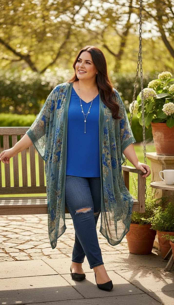 Torrid Sheer Floral Burnout Kimono Duster | Plus Size at Blue Sparrow Shop on woman outside