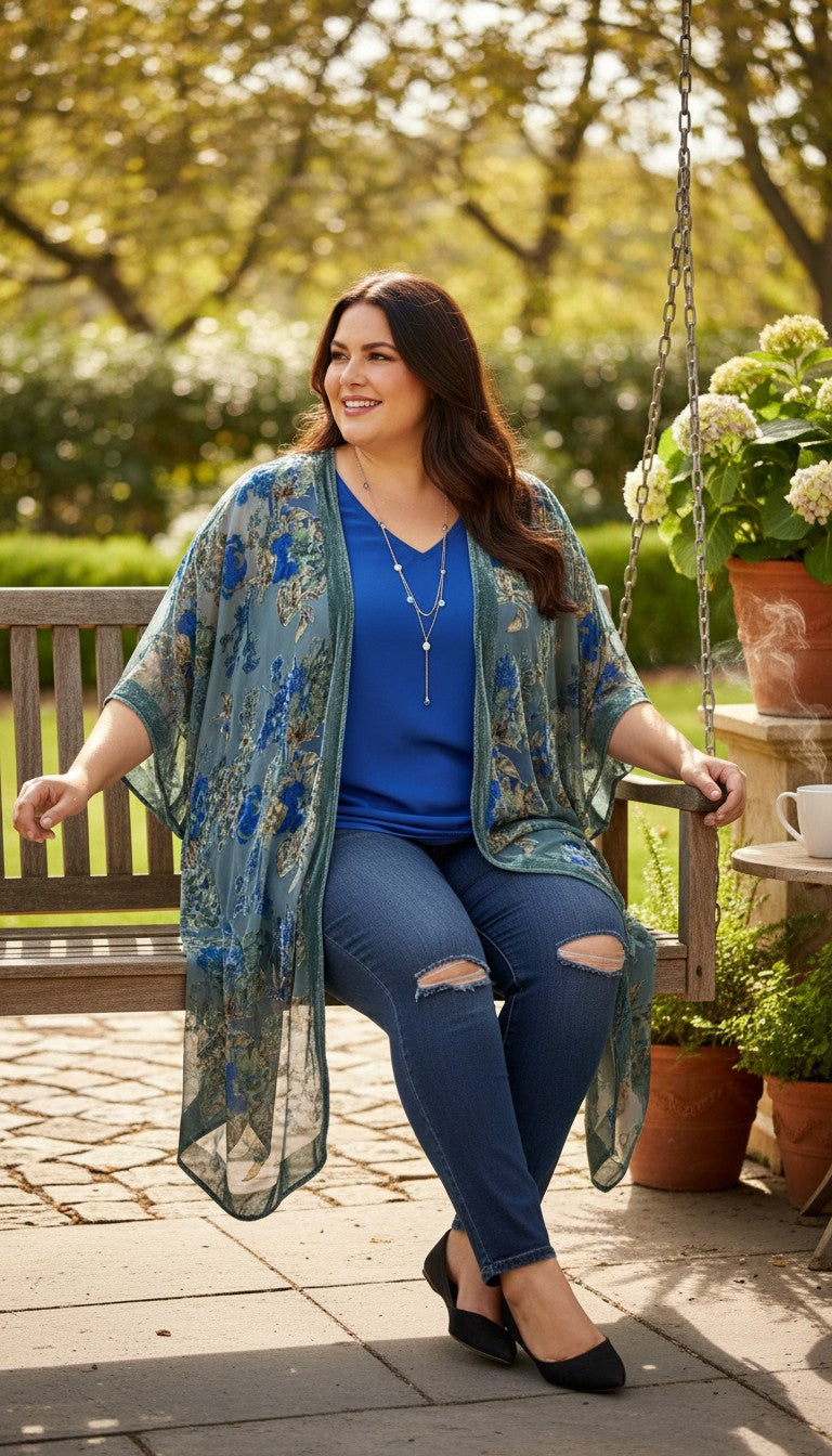 Torrid Sheer Floral Burnout Kimono Duster | Plus Size at Blue Sparrow Shop on woman sitting on bench outside 