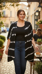 Torrid Tie-Dye Shibori Kimono Cardigan — Black and White | Open Front | Size 0 (12/14) at Blue Sparrow - Resale Reimagined on woman walking through outdoor cafe 