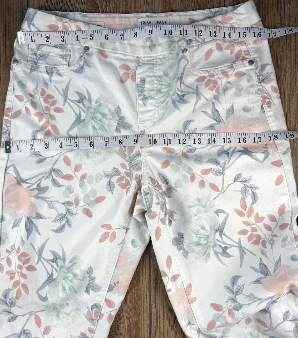 Tribal Brand Pastel Coloured Floral Jegging Jeans at Blue Sparrow Shop measuring 32" waist and 36" hips