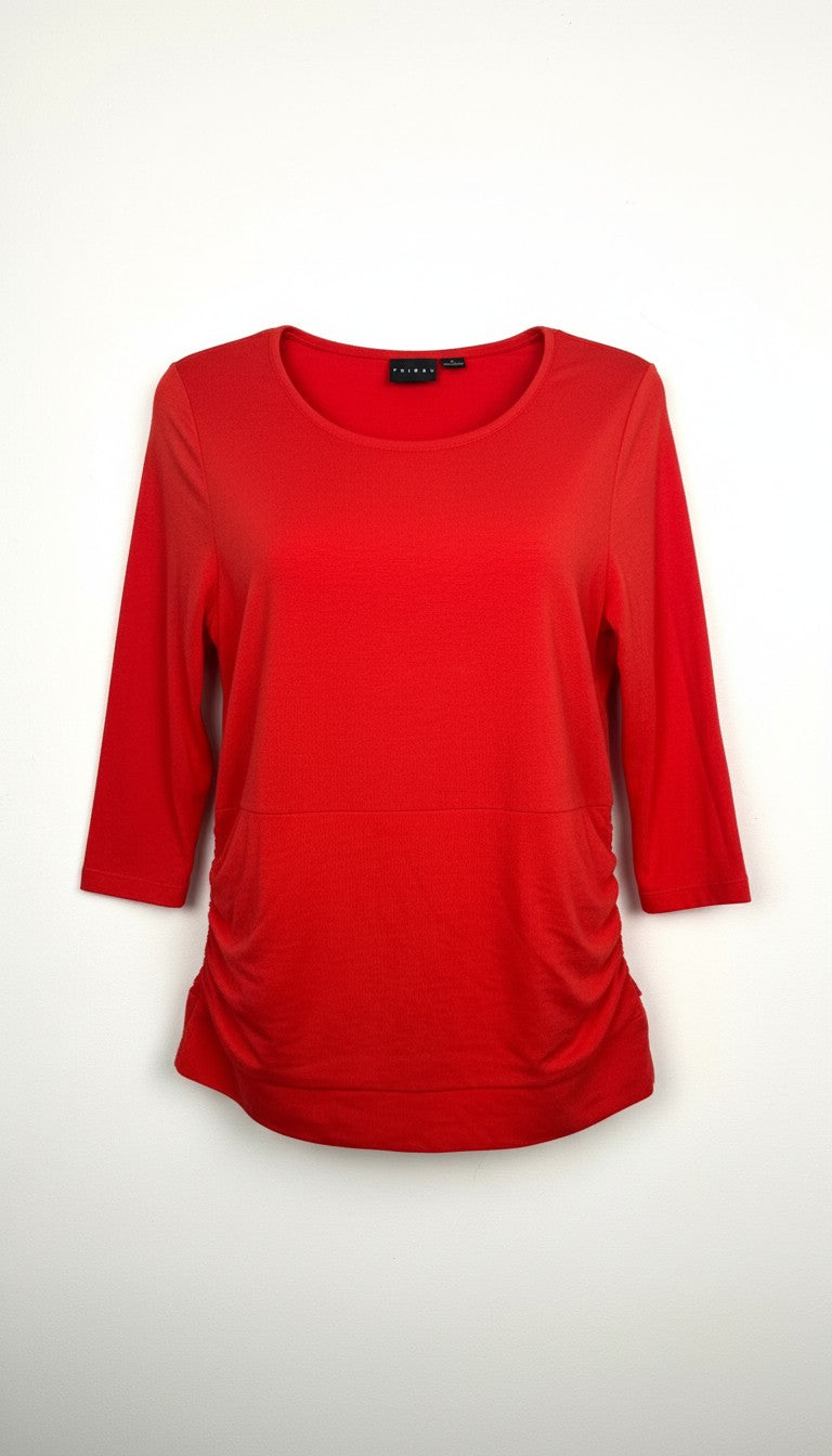 Tribal Cotton Scoop Neck Ruched Side Top — Deep Orange | 3/4 Sleeve | Size XL at Blue Sparrow Shop