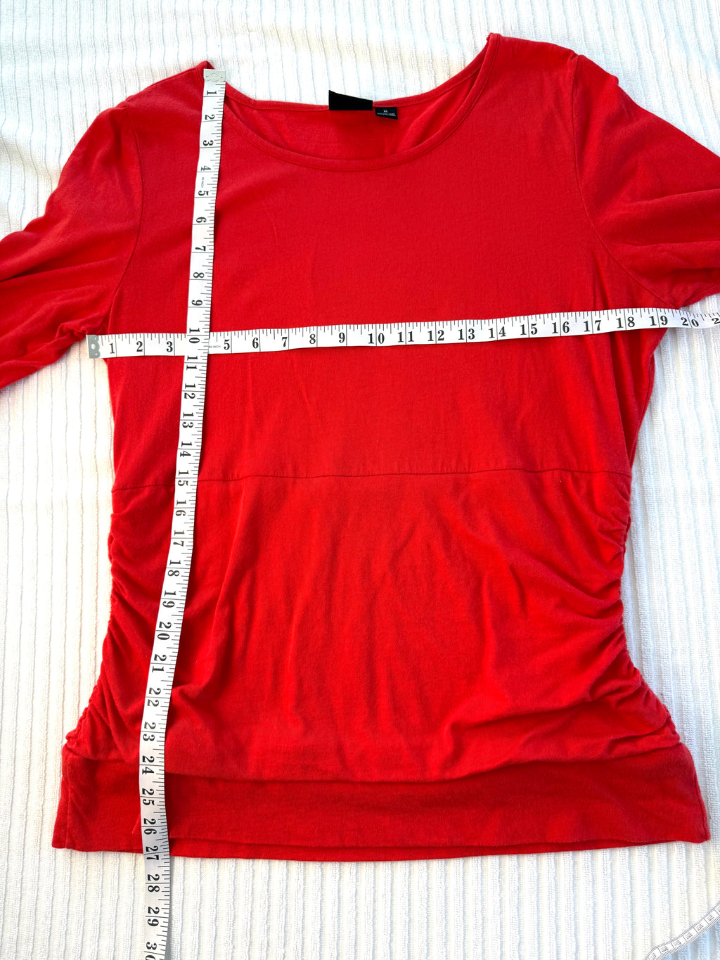 Tribal Cotton Scoop Neck Ruched Side Top — Deep Orange | 3/4 Sleeve | Size XL at Blue Sparrow Shop measuring 38" bust and 27" shoulder to hem 
