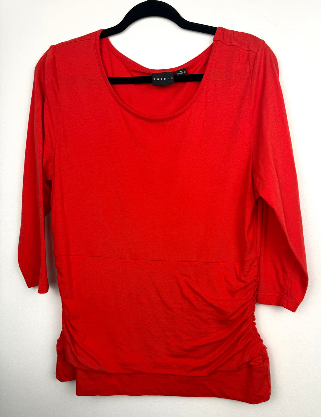 Tribal Cotton Scoop Neck Ruched Side Top — Deep Orange | 3/4 Sleeve | Size XL at Blue Sparrow Shop on hanger