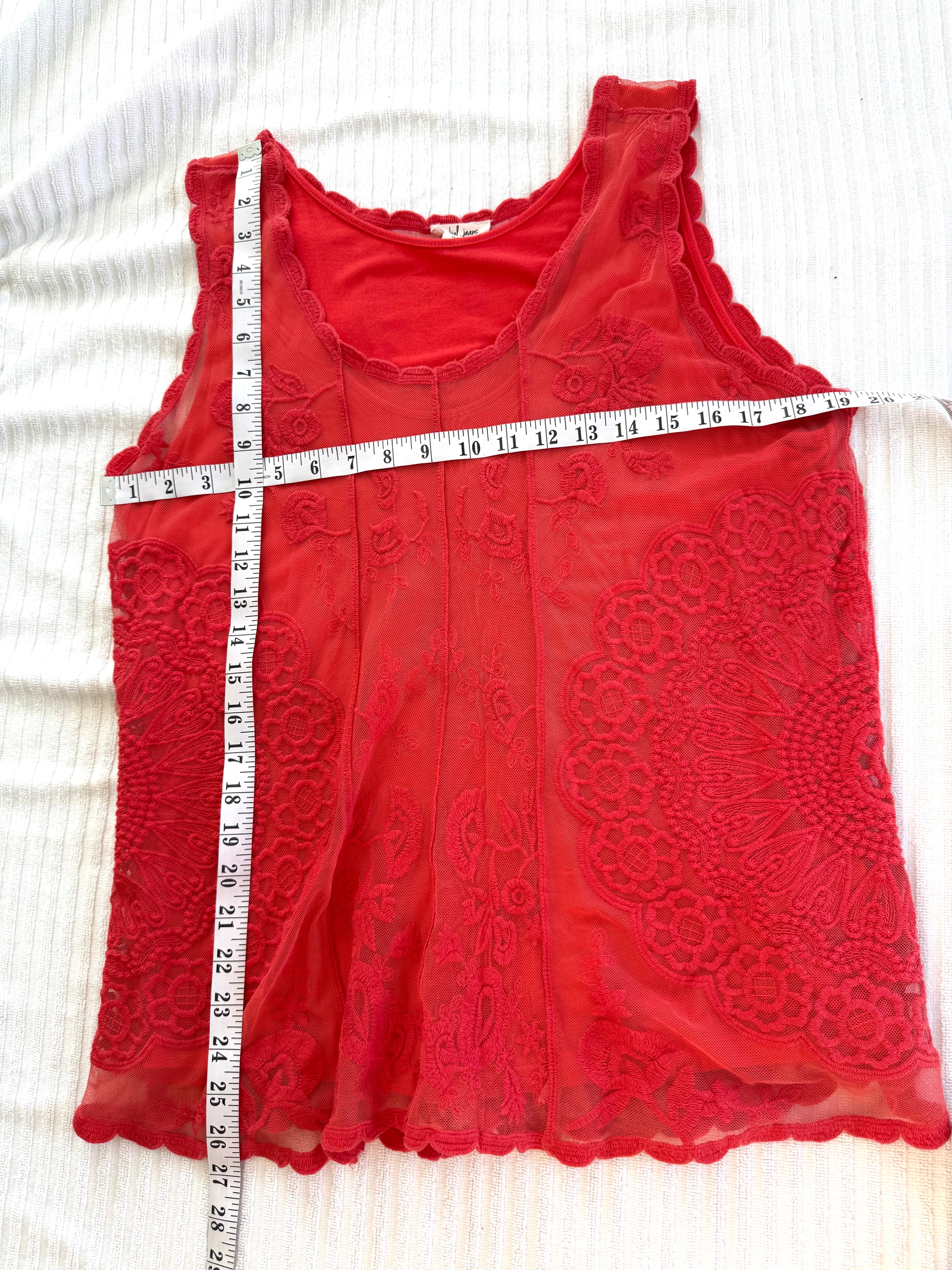 Tribal Lace Overlay Sleeveless Top | Size L at Blue Sparrow Shop measuring 38" bust and 27" shoulder to hem 