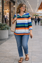Tribal Rugby Style Varsity Sweater at Blue Sparrow Shop on a woman in a mall 