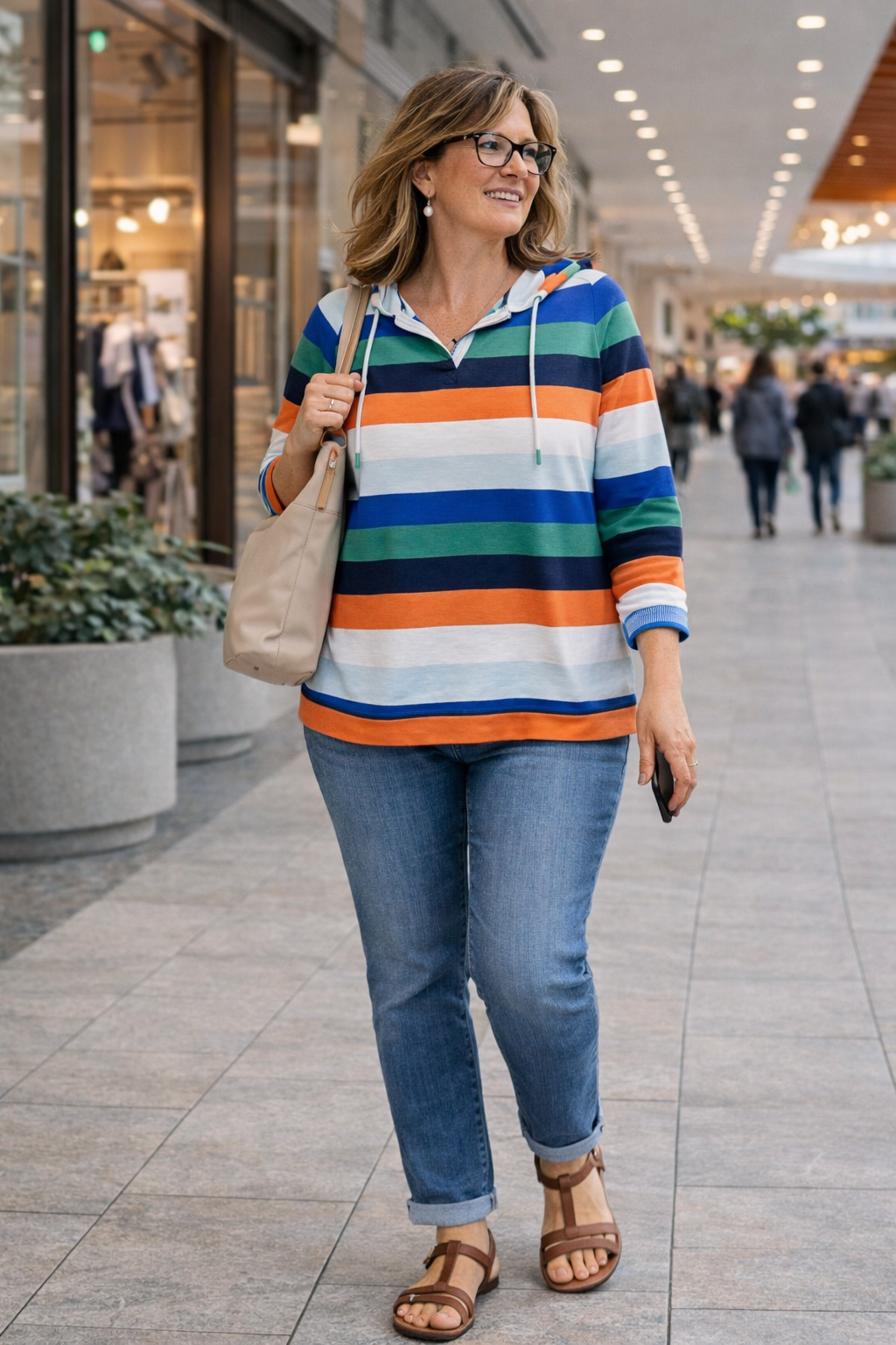 Tribal Rugby Style Varsity Sweater at Blue Sparrow Shop on a woman in a mall 