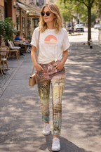 Tribal Skinny Jeans - Beverly Hills Print at Blue Sparrow Shop on woman walking outside 