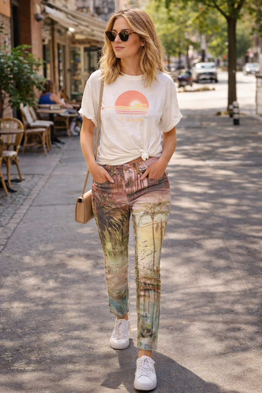 Tribal Skinny Jeans - Beverly Hills Print at Blue Sparrow Shop on woman walking outside 