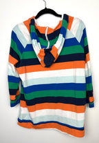 Tribal striped rugby style hooded pullover back view  on hanger
