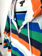 Tribal striped rugby style hooded pullover close up of neckline 