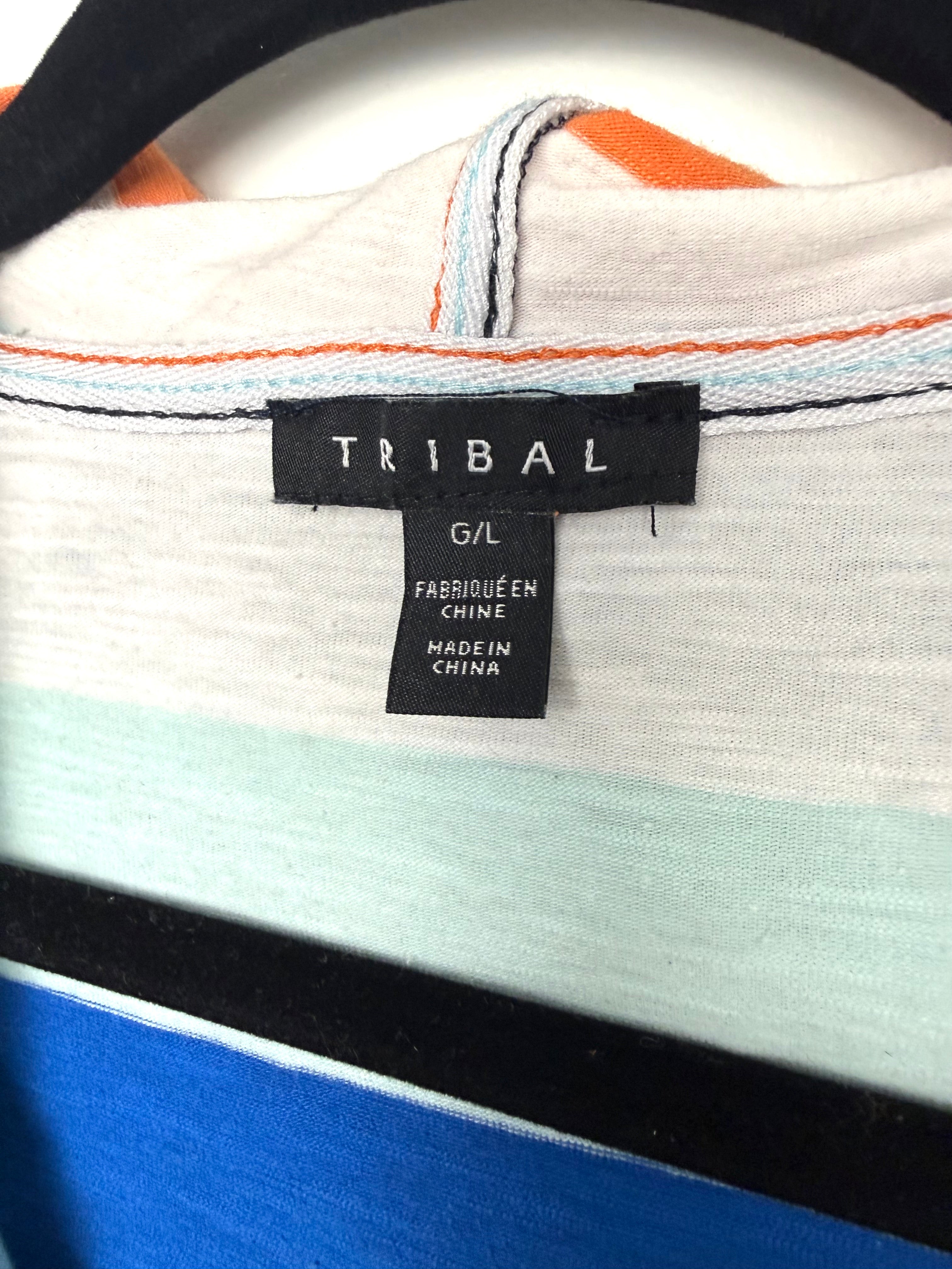 Tribal striped rugby style hooded pullover inside label 