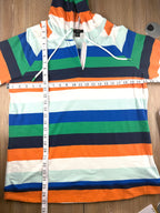 Tribal striped rugby style hooded pullover measuring 42" bust and 27" shoulder to hem 