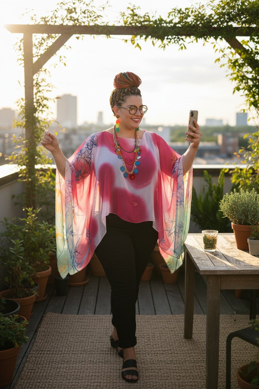 Tropical Sheer Wrap | Cover-Up | One Size at Blue Sparrow Shop on woman taking a selfie on an outdoor patio 