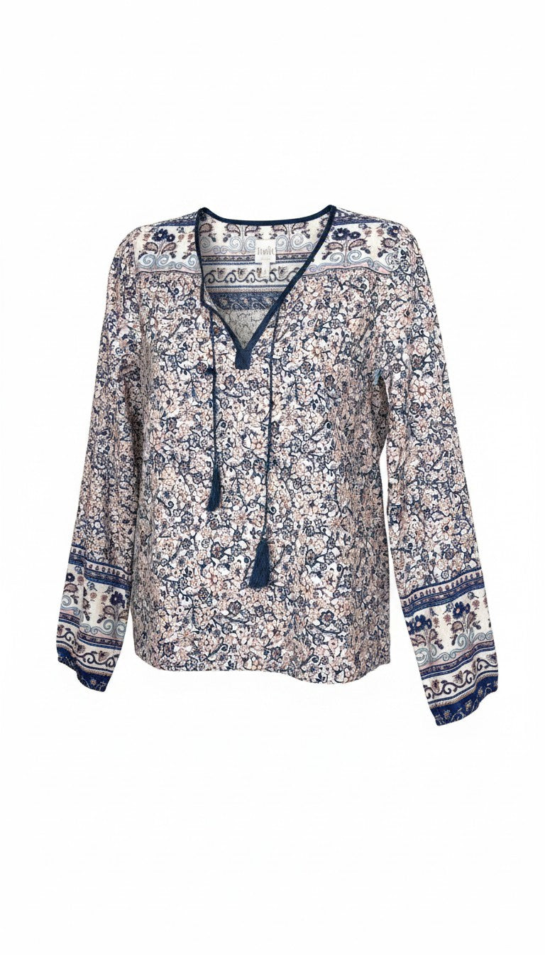 Twik by Simons 100% Cotton Floral Paisley Boho Blouse — Navy & Blush Border Print | Size L at Blue Sparrow Shop