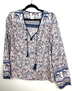 Twik by Simons 100% Cotton Floral Paisley Boho Blouse — Navy & Blush Border Print | Size L at Blue Sparrow Shop on hanger